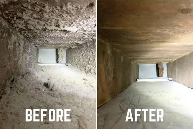 Return-air duct β heavy dust & lint build-up before and after cleaning