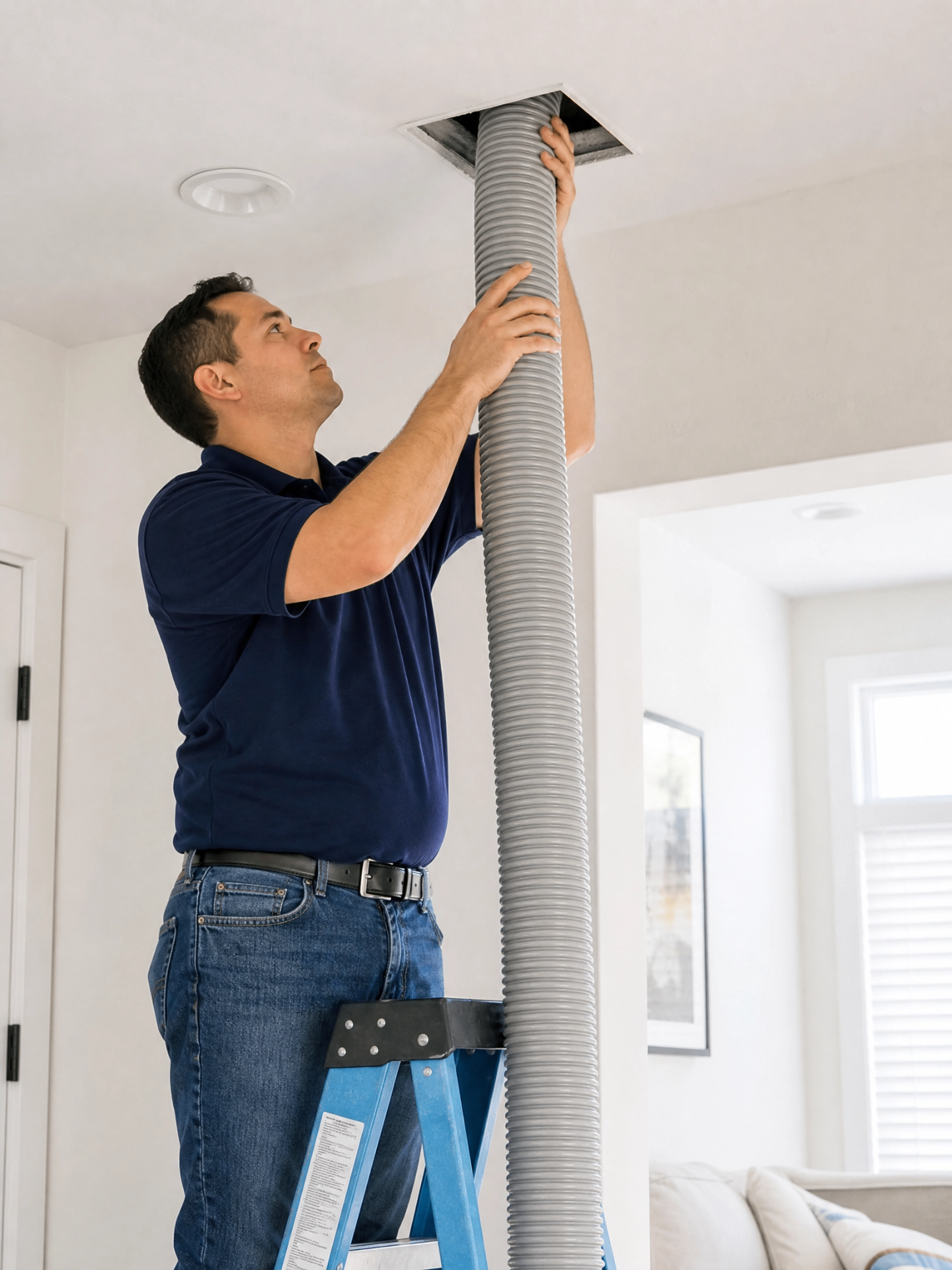 All Season Air Care technician cleaning a ceiling air duct